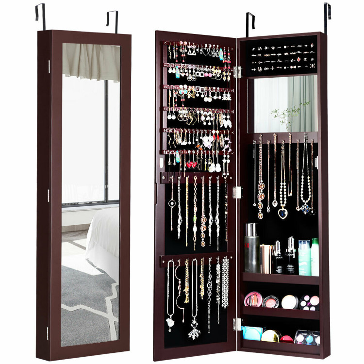 Full Length Mirror Jewelry Cabinet with Ring Slots and Necklace Hooks-Dark BrownCostway Gallery View 3 of 12