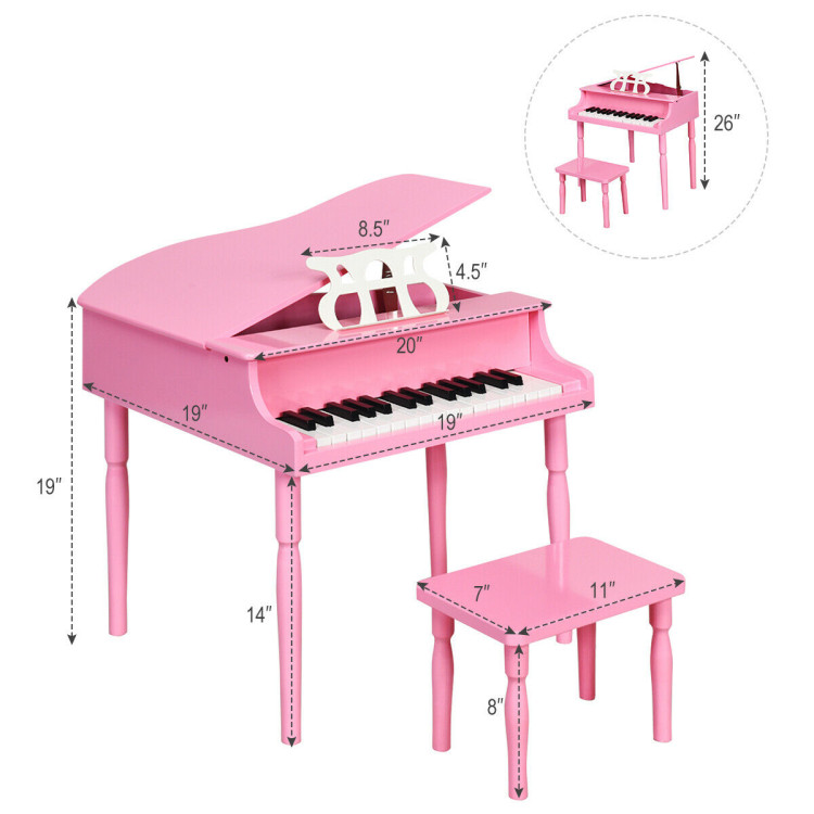 30-Key Wood Toy Kids Grand Piano with Bench & Music Rack-PinkCostway Gallery View 9 of 11