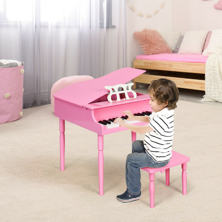 30-Key Wood Toy Kids Grand Piano with Bench & Music Rack-PinkCostway Gallery View 2 of 11