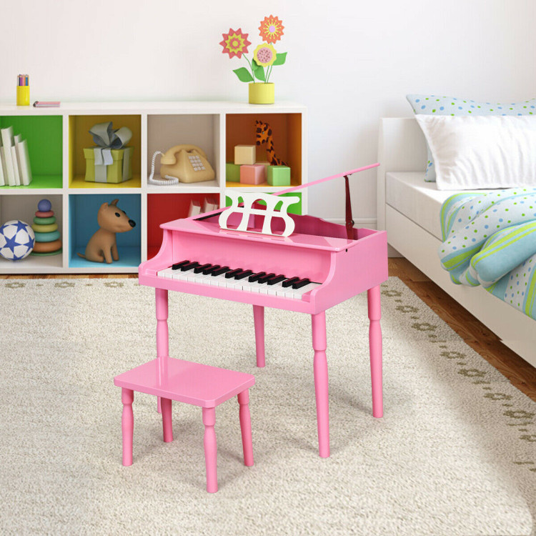 30-Key Wood Toy Kids Grand Piano with Bench & Music Rack-PinkCostway Gallery View 1 of 11