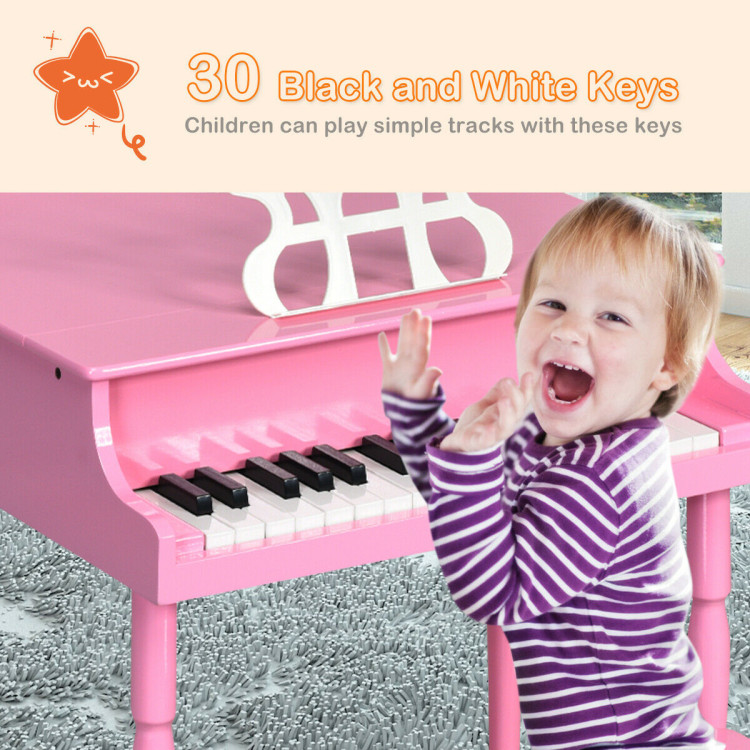 30-Key Wood Toy Kids Grand Piano with Bench & Music Rack-PinkCostway Gallery View 5 of 11
