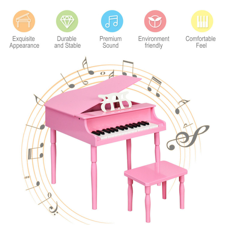 30-Key Wood Toy Kids Grand Piano with Bench & Music Rack-PinkCostway Gallery View 7 of 11