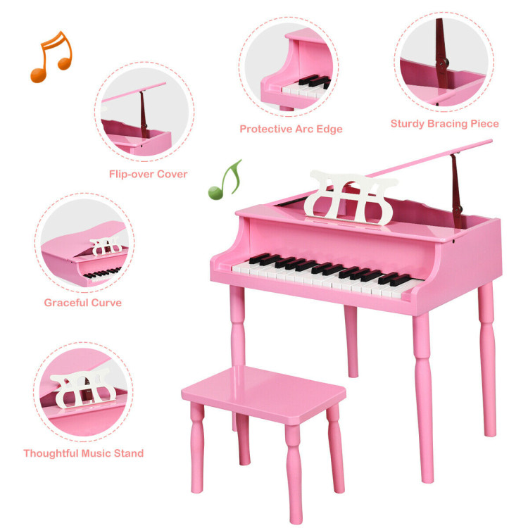30-Key Wood Toy Kids Grand Piano with Bench & Music Rack-PinkCostway Gallery View 8 of 11