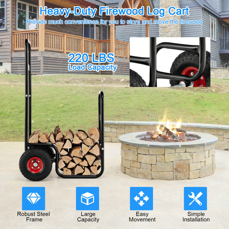 Firewood Log Cart Carrier with Wear-Resistant and Shockproof Rubber WheelsCostway Gallery View 3 of 9