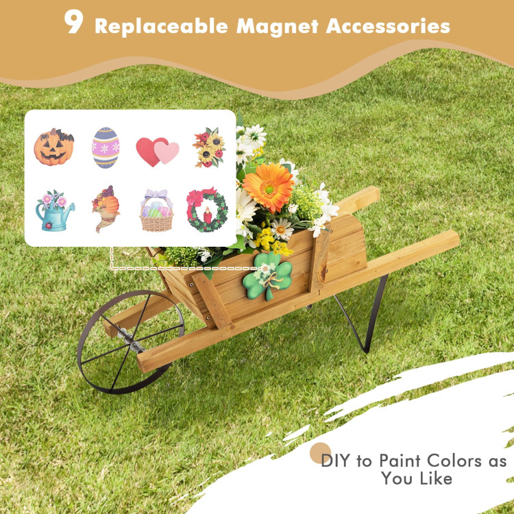 Wooden Wagon Planter with 9 Magnetic Accessories for Garden Yard-WalnutCostway Gallery View 3 of 9