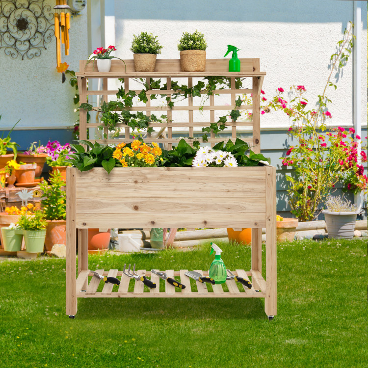 Wooden Raised Garden Bed with Wheels Trellis and Storage ShelfCostway Gallery View 2 of 10