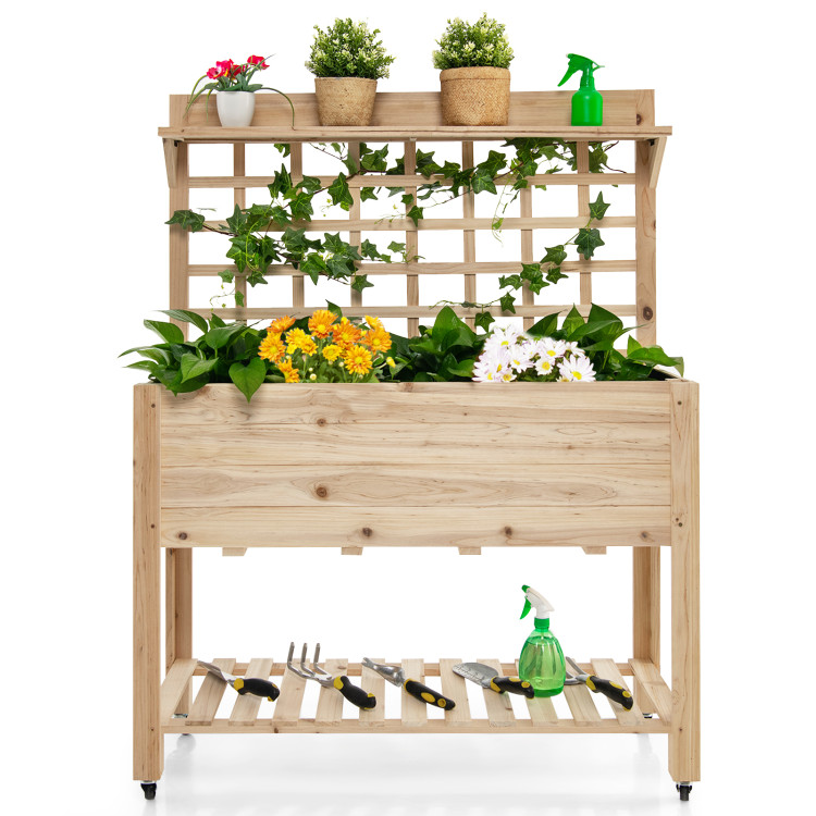 Wooden Raised Garden Bed with Wheels Trellis and Storage ShelfCostway Gallery View 6 of 10