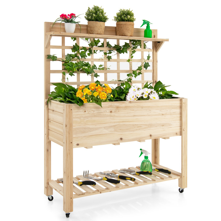 Wooden Raised Garden Bed with Wheels Trellis and Storage ShelfCostway Gallery View 1 of 10