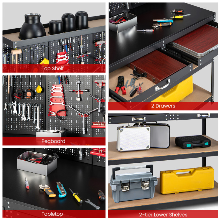 Sturdy Garage Workbench With Top Pegboard, Cabinet and Bottom