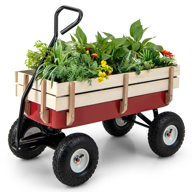 Garden Cart with Wood Railing and Pneumatic Wheels - Costway