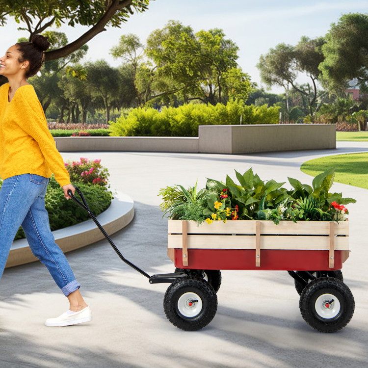 Garden Cart with Wood Railing and Pneumatic Wheels - Costway