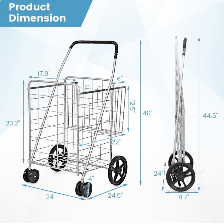 Folding Shopping Cart for Laundry with Swiveling Wheels and Dual Storage Baskets-Sliver - Gallery View 5 of 10