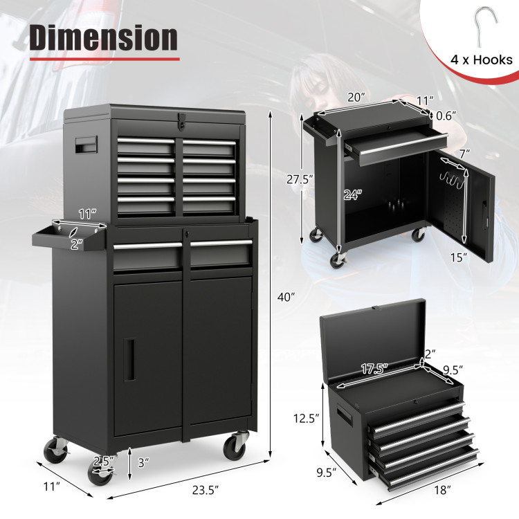 2-in-1 Tool Chest & Cabinet with 5 Sliding Drawers-Black