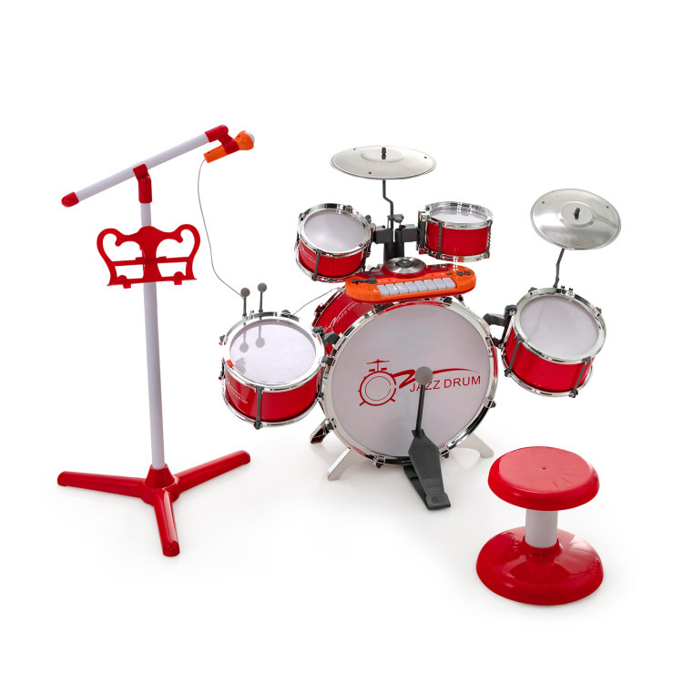 Kids Jazz Drum Keyboard Set with Stool and Microphone Stand-RedCostway Gallery View 1 of 10