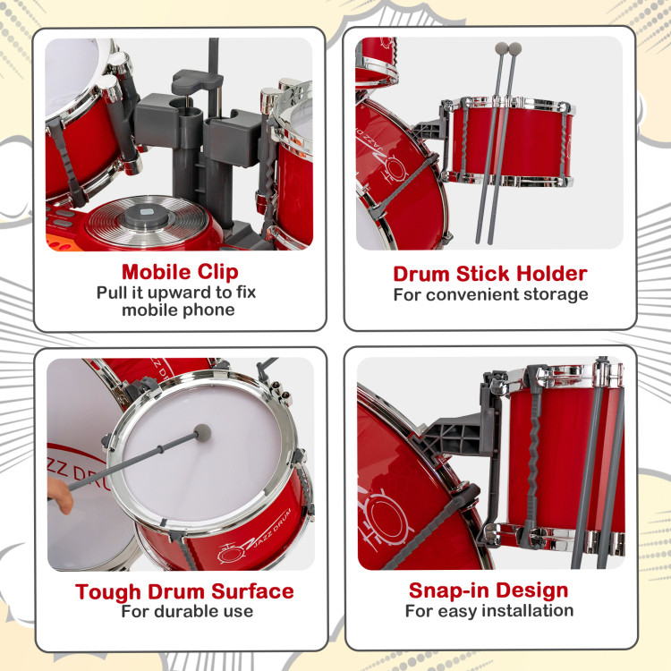 Kids Jazz Drum Keyboard Set with Stool and Microphone Stand-RedCostway Gallery View 10 of 10