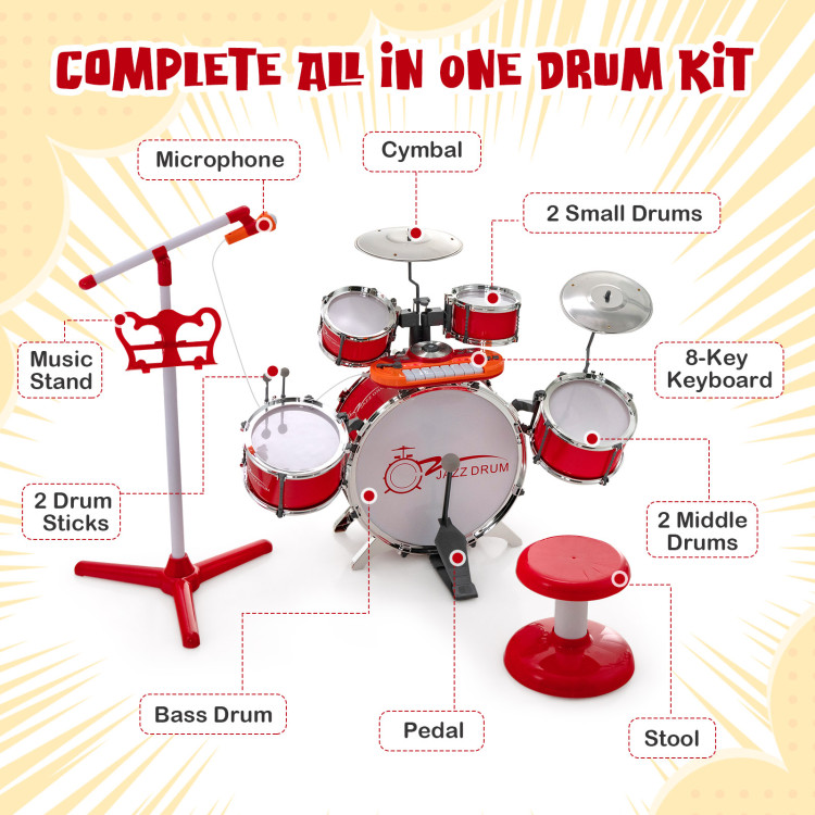 Kids Jazz Drum Keyboard Set with Stool and Microphone Stand-RedCostway Gallery View 2 of 10