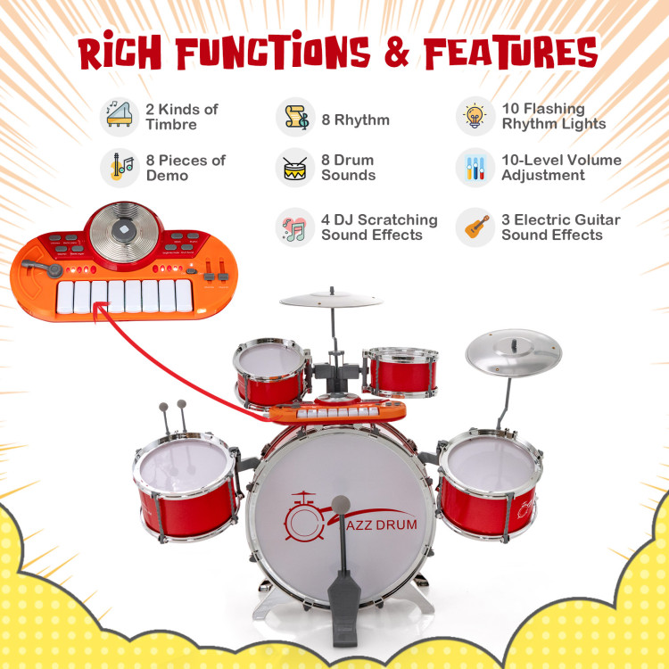 Kids Jazz Drum Keyboard Set with Stool and Microphone Stand-RedCostway Gallery View 3 of 10
