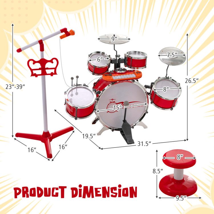 Kids Jazz Drum Keyboard Set with Stool and Microphone Stand-RedCostway Gallery View 4 of 10