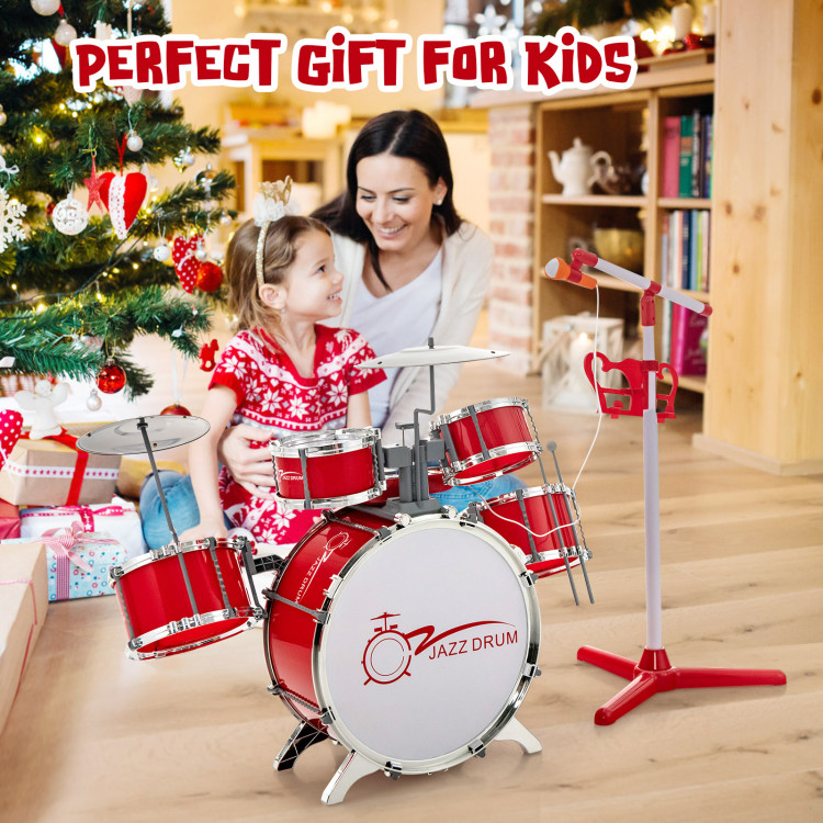 Kids Jazz Drum Keyboard Set with Stool and Microphone Stand-RedCostway Gallery View 5 of 10