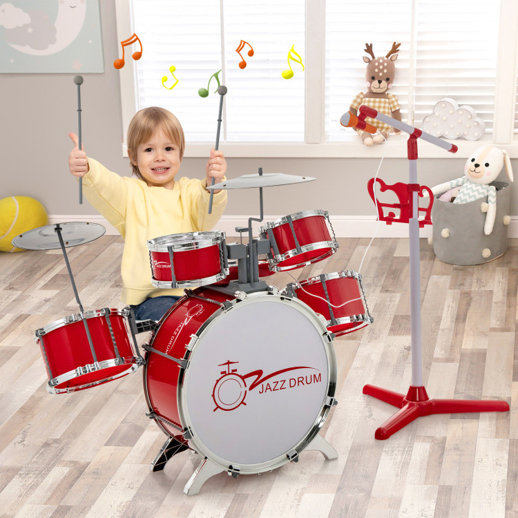 Kids Jazz Drum Keyboard Set with Stool and Microphone Stand-RedCostway Gallery View 6 of 10