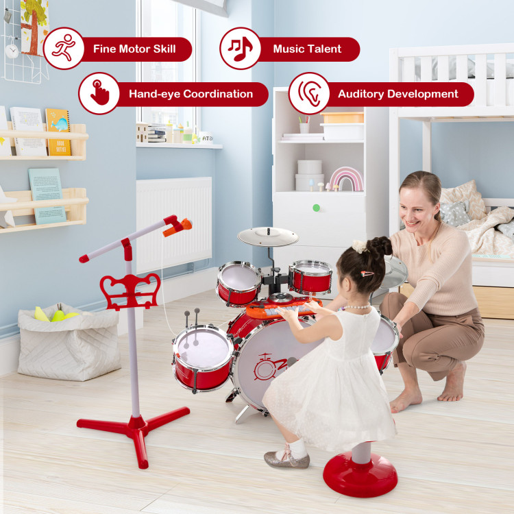 Kids Jazz Drum Keyboard Set with Stool and Microphone Stand-RedCostway Gallery View 8 of 10
