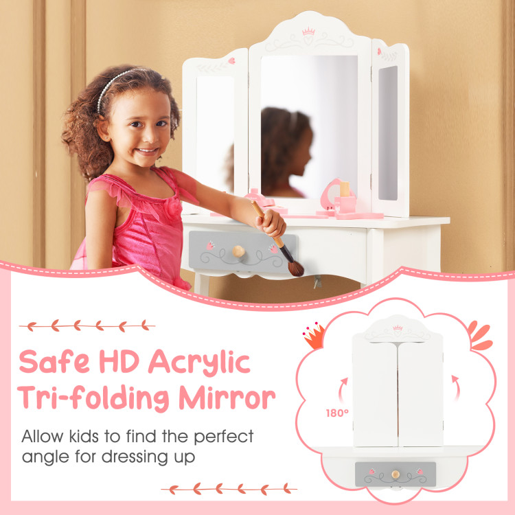Kids Vanity Set with Tri-folding Mirror - Costway