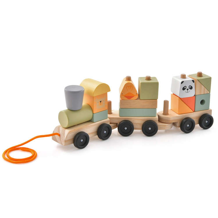 3-Section Toy Wooden Train Set with Stackable Building Blocks丨Costway