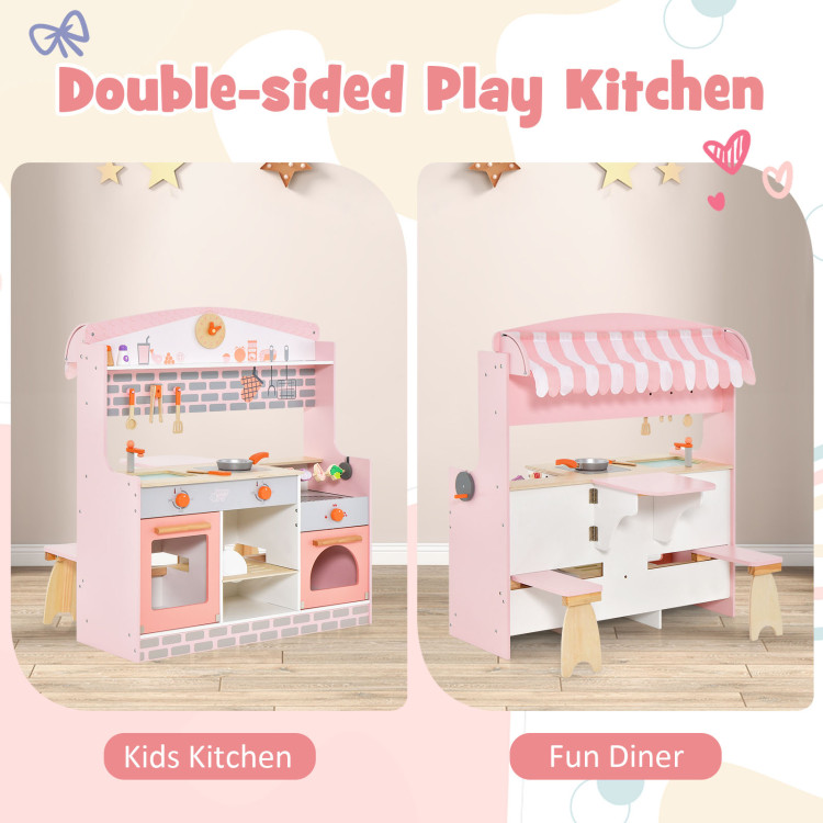 Costway 2-in-1 Double Sided Kids Toy Tools Kitchen Playset & Dollhouse W/  Accessories & Furniture : Target