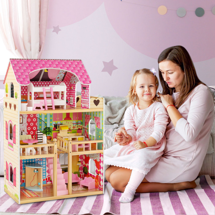 Costway Wooden Dollhouse For Kids 3-Tier Toddler Doll House W