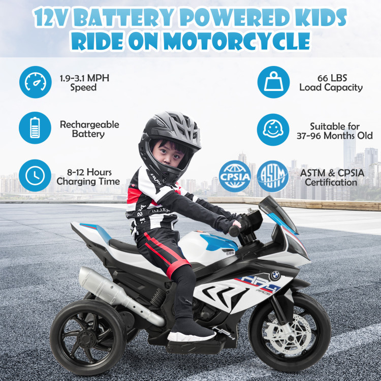 12V Licensed BMW Kids Motorcycle Ride-On Toy for 37-96 Months Old Kids-WhiteCostway Gallery View 3 of 9