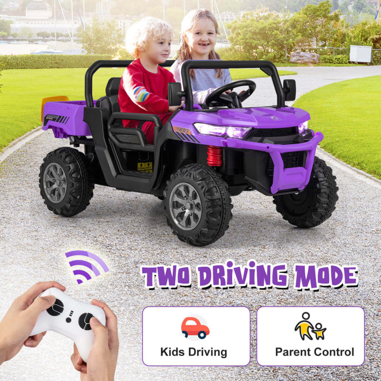 12V Kids Ride On Truck Car with Remote Control and 2 Seaters-PurpleCostway Gallery View 3 of 11