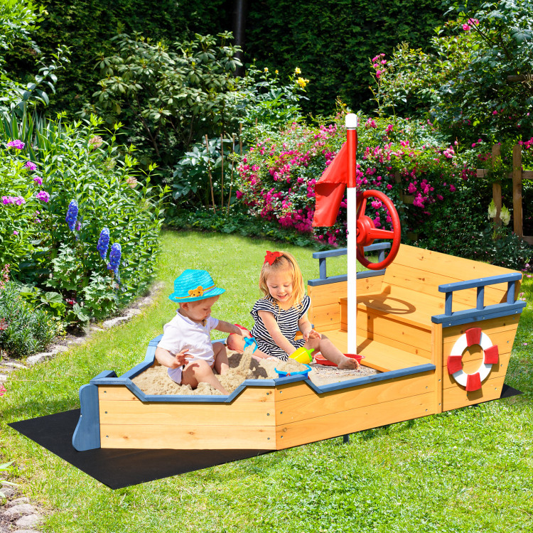 Kids Pirate Boat Wooden Sandbox Children Outdoor PlaysetCostway Gallery View 2 of 9