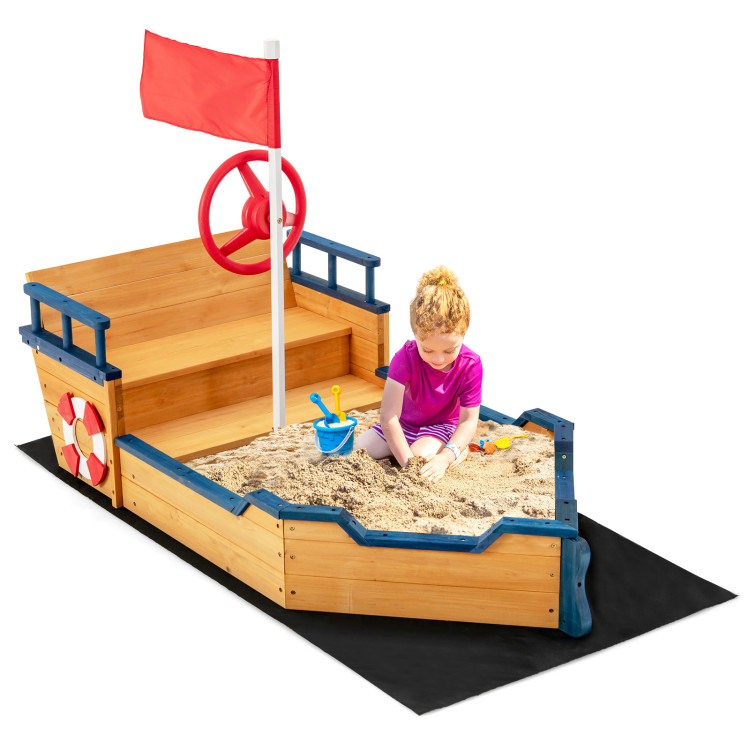 Kids Pirate Boat Wooden Sandbox Children Outdoor PlaysetCostway Gallery View 7 of 9