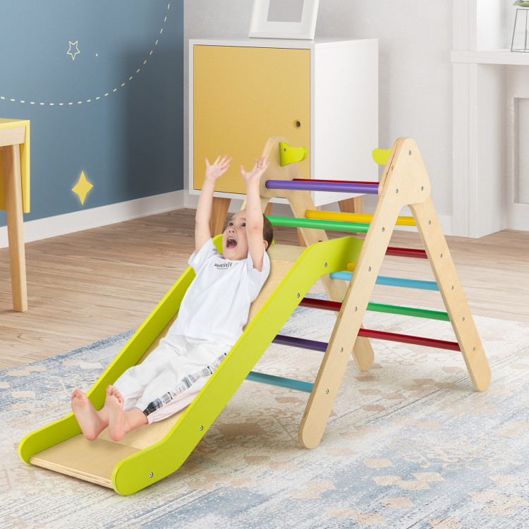 2-in-1 Wooden Triangle Climber Set with Gradient Adjustable Slide-MulticolorCostway Gallery View 2 of 11