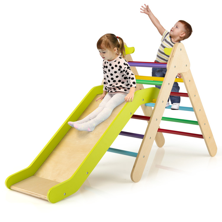 2-in-1 Wooden Triangle Climber Set with Gradient Adjustable Slide-MulticolorCostway Gallery View 7 of 11