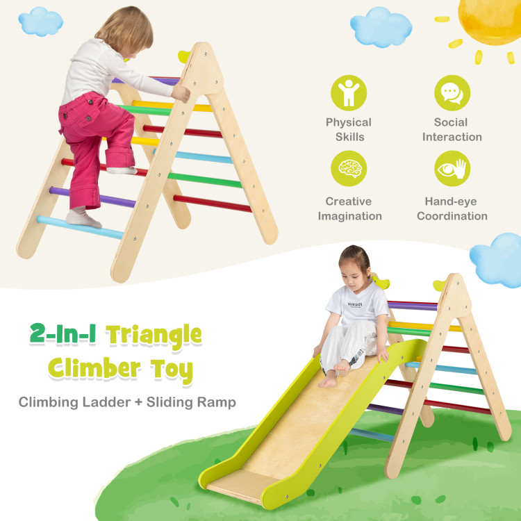 2-in-1 Wooden Triangle Climber Set with Gradient Adjustable Slide-MulticolorCostway Gallery View 9 of 11