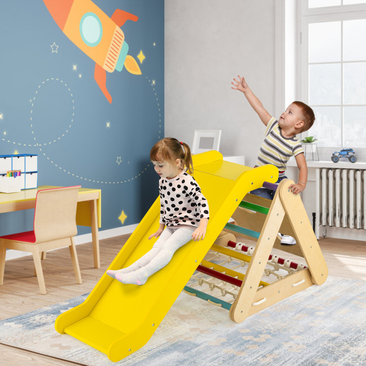 4 in 1 Triangle Climber Toy with Sliding Board and Climbing Net-MulticolorCostway Gallery View 6 of 9