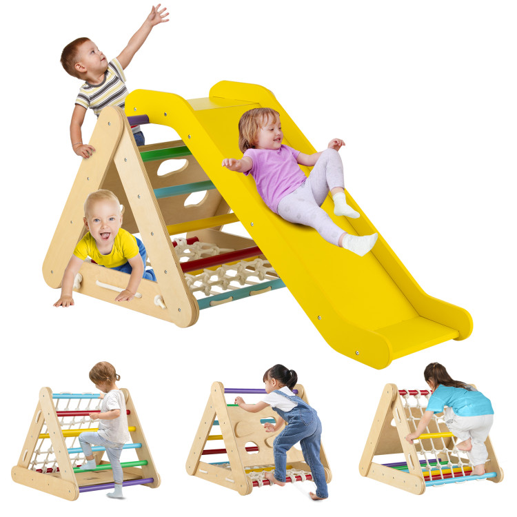 4 in 1 Triangle Climber Toy with Sliding Board and Climbing Net-MulticolorCostway Gallery View 7 of 9