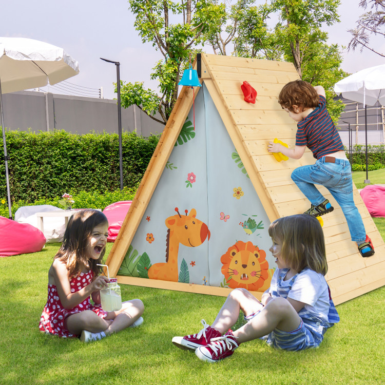 2-in-1 Wooden Kids Triangle Playhouse with Climbing Wall and Front Bell | Costway