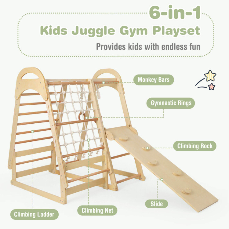 6-in-1 Wooden Kids Jungle Gym Playset with Slide Climbing Net - Costway