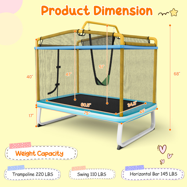 6 Feet Rectangle Trampoline with Swing Horizontal Bar and Safety Net-YellowCostway Gallery View 4 of 11