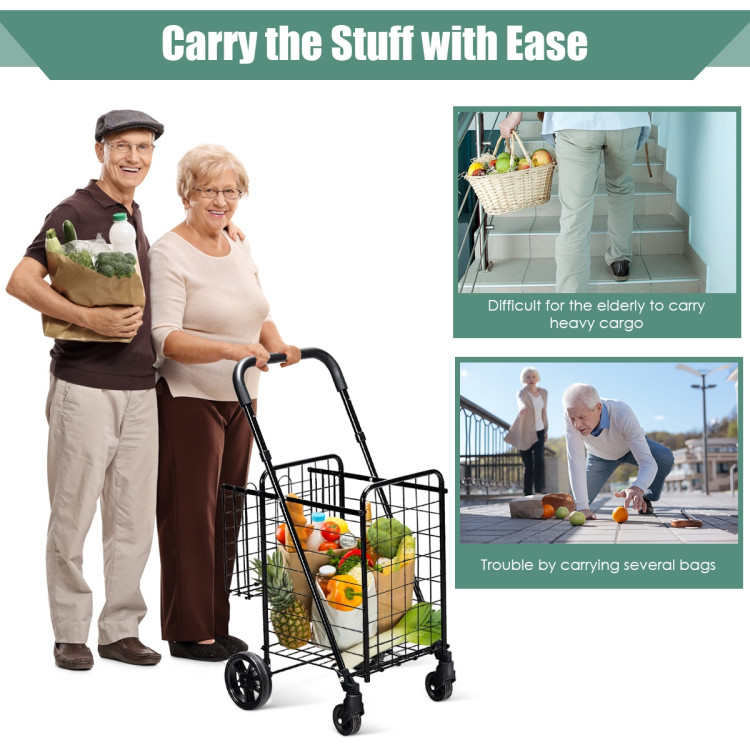 Folding Shopping Cart Basket Rolling Trolley with Adjustable Handle-BlackCostway Gallery View 7 of 10