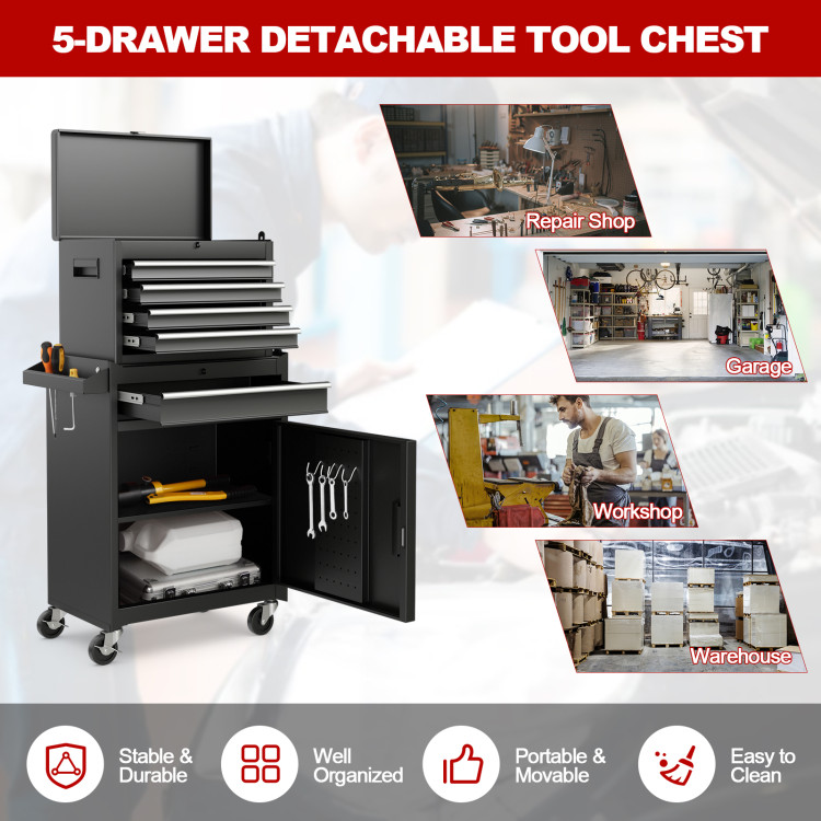 2-in-1 Rolling Tool Chest with 5 Sliding Lockable Drawers - Costway