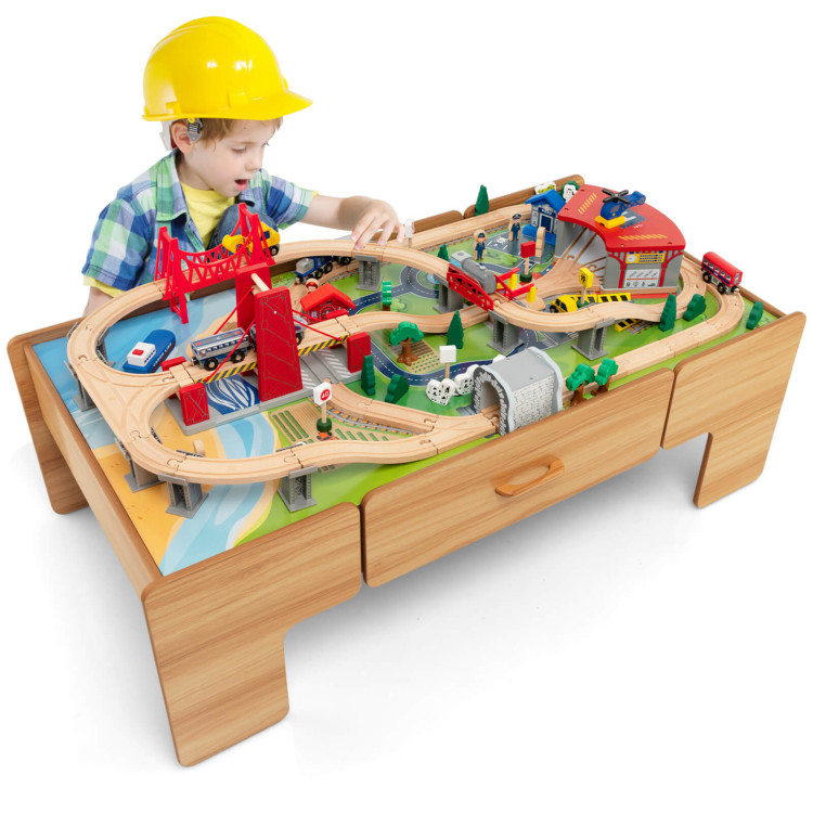 Kids Double-Sided Wooden Train Table Playset with Storage DrawerCostway Gallery View 10 of 11
