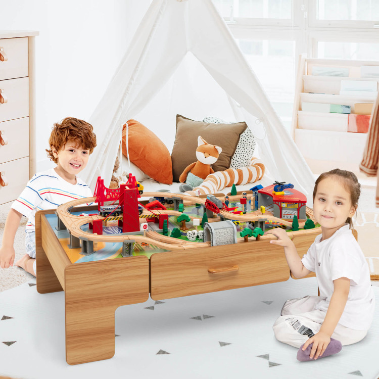 Kids Double-Sided Wooden Train Table Playset with Storage DrawerCostway Gallery View 2 of 11