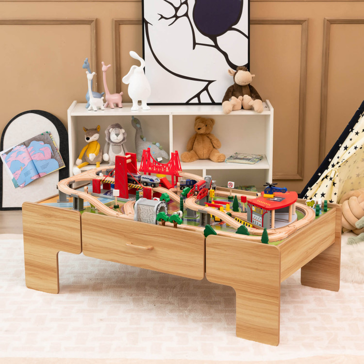 Kids Double-Sided Wooden Train Table Playset with Storage DrawerCostway Gallery View 6 of 11