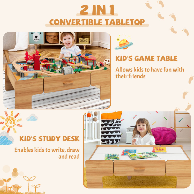 Kids Double-Sided Wooden Train Table Playset with Storage DrawerCostway Gallery View 9 of 11
