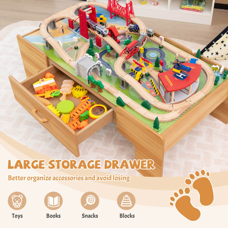 Kids Double-Sided Wooden Train Table Playset with Storage DrawerCostway Gallery View 3 of 11