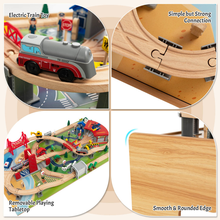 Kids Double-Sided Wooden Train Table Playset with Storage DrawerCostway Gallery View 8 of 11