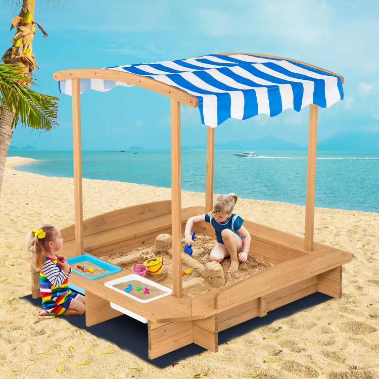 Kids Wooden Sandbox with Striped CanopyCostway Gallery View 6 of 11